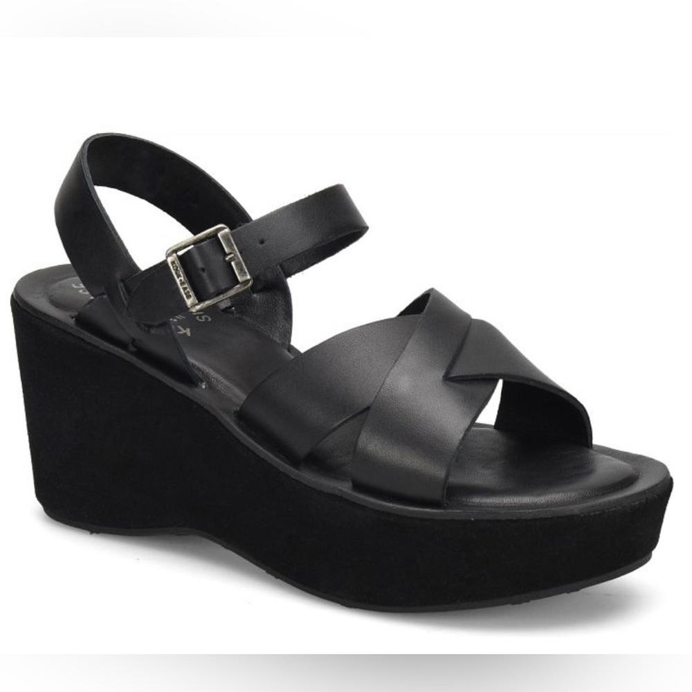 Kork-Ease Ava Classic Platform Wedge Sandals in Black Vachetta Leather Size 9 - Picture 2 of 6